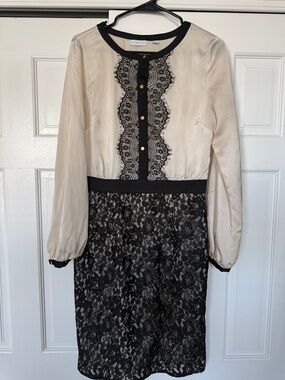 New York & Company Cream and Black Lace Long-Sleeve Dress